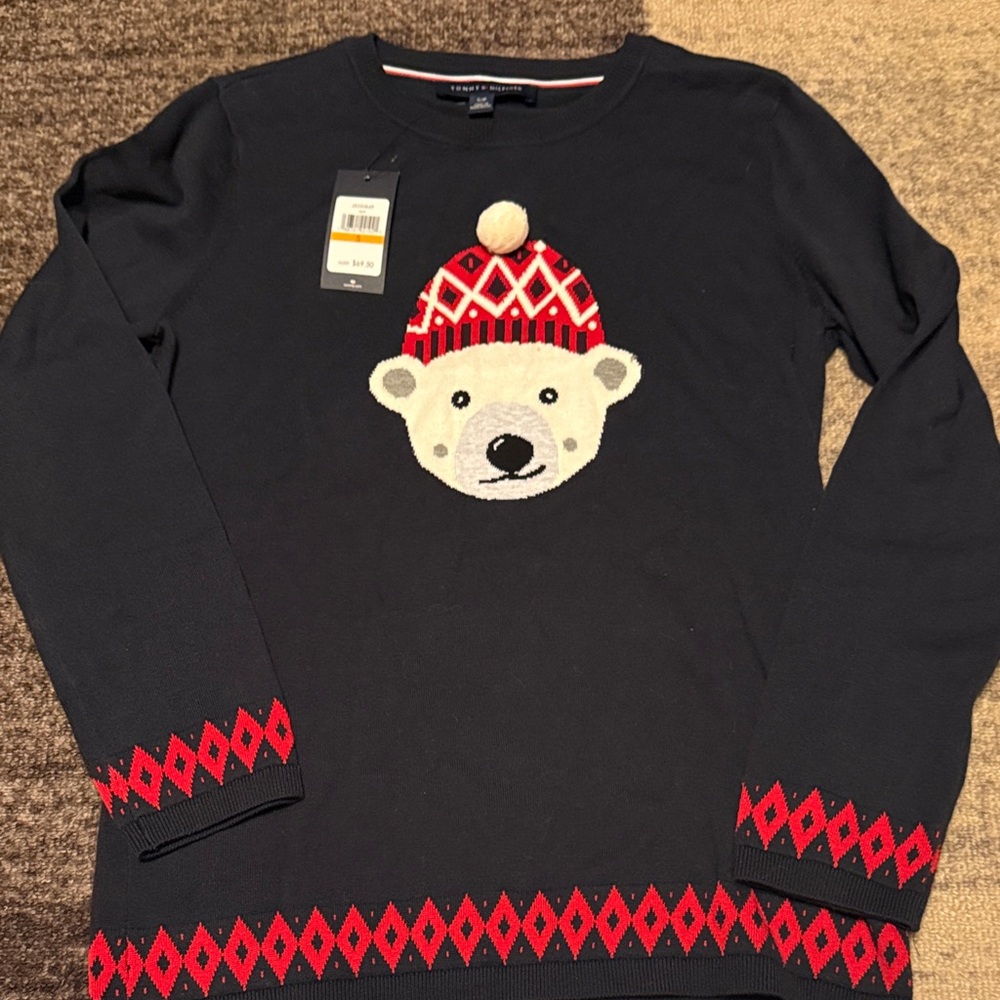 Tommy Hilfiger Navy Sweater with Polar Bear and Red Accents